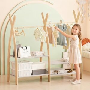 NACHES Small Kid Clothing Rack Wood Montessori Garment Rack for Toddler Baby Wardrobe Closet Compact Dress Up Storage Organizer Hanging Rod with Basket for Costume Princess Skirt Coat Bedroom Nursery