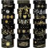NANYNNU Black Washi Tape Set, 27 Rolls Black Gold Foil Decorative Masking Tape for Bullet Journaling, Scrapbooking Supplies, Watercolor Painting