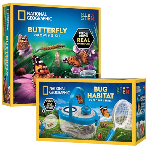 National Geographic Butterfly Growing & Bug Catcher Kit - Butterfly Habitat Kit with Voucher for 5 Caterpillars (S&H Not Included) & Bug Habitat with Magnified Viewers, Bug Catcher & More