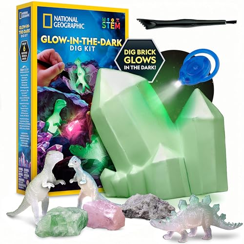 National Geographic Glow in The Dark Dig Kit - Excavate 6 Glow in The Dark Rocks & Dinosaurs from a Glowing Brick, Rock Collection, Science Kits for Kids, Rock Kit for Kids, STEM Kits, Dinosaur Toys