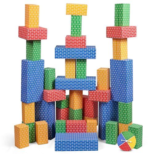 NATIONAL GEOGRAPHIC Kids Jumbo Cardboard Building Blocks – 40 Heavy-Duty Bricks in 3 Sizes, Build & Learn with Game Spinner & Activity Cards for Kids 3+, Indoor Play Construction Toy for STEM Learning