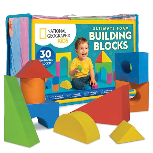 National Geographic Kids Jumbo Foam Blocks – 30-Piece Foam Building Blocks for Toddlers & Preschoolers, Soft Stackable Blocks with Storage Bag, Early Learning & Sensory Building Toy