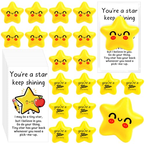 Natonhi 100 Pack Back to School Gifts for Students, Yellow Smile Squeeze Star Squishy Stress Balls Bulk with Blessing Cards for First Day of School Classroom Prizes Party Favors Exchange Gifts