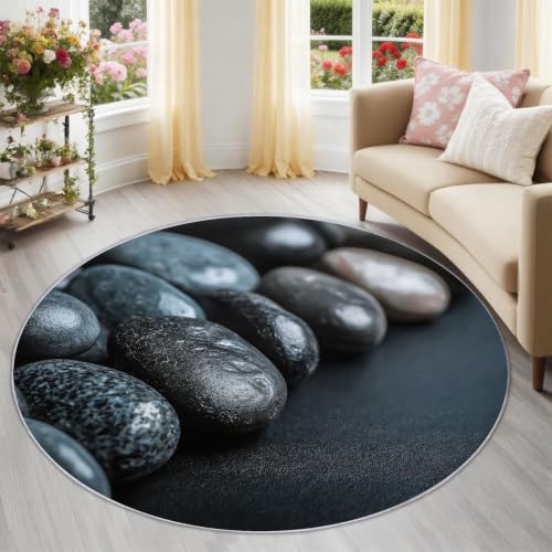 Natural Scenery Round Area Rug 7ft, Dark Pebble Ore Washable Dark Grey Circle Rug for Bedroom, Low-Pile Soft Round Carpet for Living Room, Ideal for High Traffic Areas in Entryway