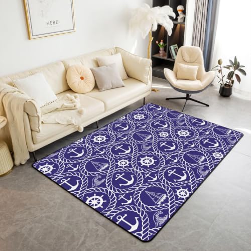 Nautical Anchor Area Rug 3'x5',Ocean Sea Wheel Rope Sailboat Wave Non Slip Carpet for Kids Boys Girls Adults,Ocean Adventure Themed Floor Mats,Navy Blue Rug for Living Room Bedroom Playroom Backyard