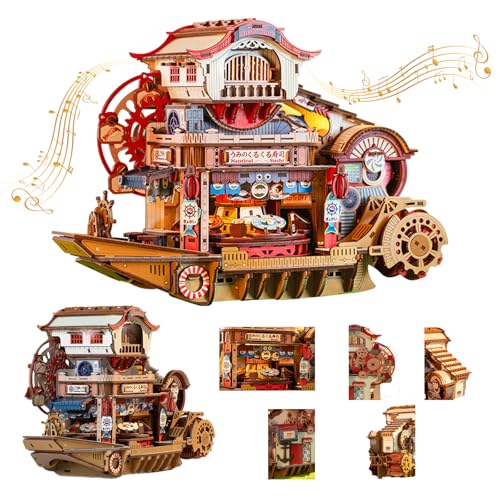 Nautical Sushi 3D Puzzles for Adults, 425PCS Wooden Mechanical Model Building Kit with Music and Lights, Miniature House Kit, Unique Home Decor Craft Gifts for Christmas Birthday Father's Day