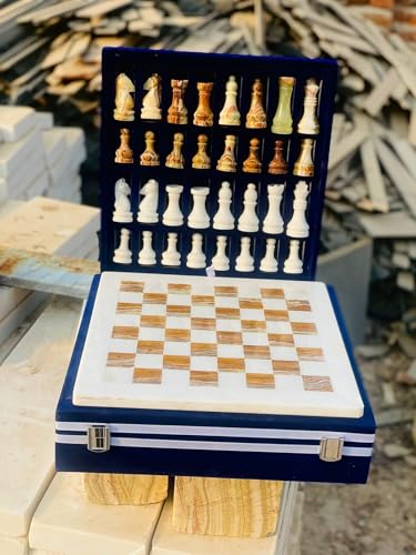 NB 12-Inch Handcrafted Marble Chess Set with Blue Velvet Gift Box – Elegant Stone Chessboard with Full Set of Carved Chess Pieces (White Green)