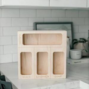 NBMFGD Natural Wood Food Storage Organizer, 4-Compartment Pantry Bin with Labeled Slots (Gallon, Snack, Sandwich, Quart), Kitchen Countertop Organization Box for Refrigerator or Cabinet