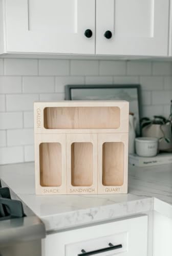 NBMFGD Natural Wood Food Storage Organizer, 4-Compartment Pantry Bin with Labeled Slots (Gallon, Snack, Sandwich, Quart), Kitchen Countertop Organization Box for Refrigerator or Cabinet