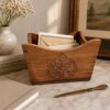 NBMFGD Rustic Carved Wood Storage Caddy, Vintage Floral Engraved Organizer Bin, Desktop Mail Holder for Home Office Entryway, Natural Brown Wooden Decorative Container