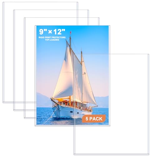Ndsox 5 Pack 9" x 12" Rigid Print Protectors Clear Hard Plastic Sheet Protectors Top-Loading Photo Posters Sleeves Heavy Duty No-Hole Rigid Menu Holders for Artworks, Prints, Photographs, Documents