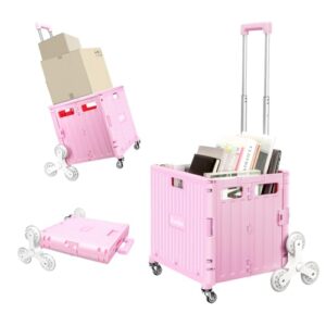 Nedcart Rolling Crate with Stair Climbing Wheels, Foldable Utility Cart with Detachable Lid & Telescoping Handle, Portable Rolling Cart Tote Basket for Teacher Upstairs Grocery Shopping