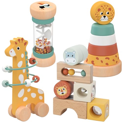Nene Toys Montessori Toys for 1 Year Old – 4-in-1 Wooden Sensory Toy Set with Stacking Rings, Rainmaker, Giraffe Bead Maze & Activity Blocks – Educational Gift for Toddlers, Boys & Girls Age 1+