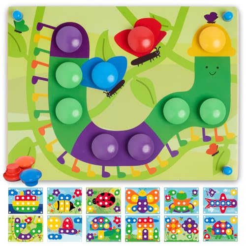Nene Toys Wooden Color Matching Puzzle for Toddlers 2+ Years – Montessori Pegboard Button Game with Wooden Nails & Cards – Educational Toy for 2 3 Year Old Boys Girls – Fine Motor Skill Learning