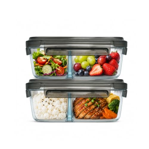 Neoflam Glass Meal Prep Containers, 2 Pack Divided Food Storage Containers with Airtight Leakproof Lids, 2 Compartment, Microwave, Oven, Freezer & Dishwasher Safe (21 ounces, 640 ml, 2.7 cups)
