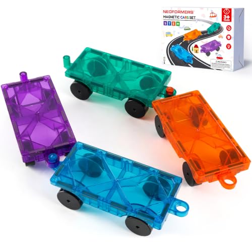 NEOFORMERS Magnetic Tiles Car Building Kit, 4 PCS Magnet Construction Trucks, STEM Toys for Boys Girls Ages 3-5 4-8,Educational Vehicle Engineering Set, Sensory Building Gifts for Toddlers & Kids