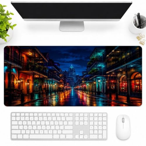 Neon Reflections On Historic Streets Large Extended Gaming Mouse Pad Desk Mat with Stitched Edges 16"x36", Non Slip Rubber Base Waterproof Computer Mouse Mat for Gaming Office Home Workstation