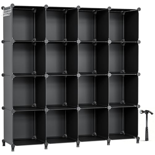 Neprock 16 Cubby Storage Organizer, Closet Clothes Storage Organizer, Cube Shelves Closet Organizers and Storage Shelves for Clothing Storage with Hammer, Bookshelf for Kids(Black)