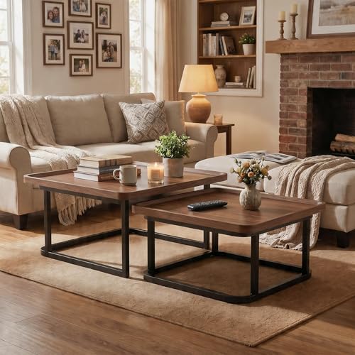 Nesting Coffee Table Set of 2 – Square Small Coffee Tables for Living Room, Bedroom, Balcony, Versatile End Table Set,Space Saving Mid Century Modern Nesting Coffee Tables Stackable,