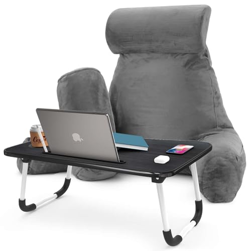 Nestl Reading Pillow with Portable Laptop Lap Desk - Shredded Memory Foam Back Support Pillow for Sitting Up in Bed and Couch Rest Pillows with Arms, Bed Tray Table with Foldable Legs, Grey