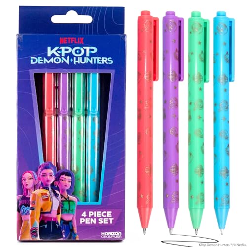 Netflix KPop Demon Hunters™ 4 Piece Pen Set – Retractable Ballpoint Pens with Black Ink, Pink Purple Green Blue, Gold Detail Design, Kawaii Stationery for School, Journaling, Office Supplies