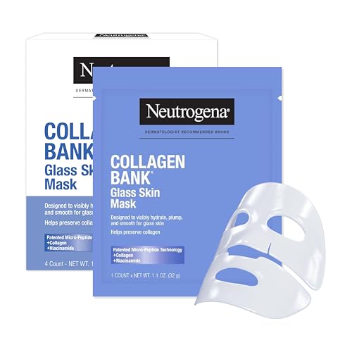 Neutrogena Collagen Bank Glass Skin Hydrogel Face Mask, Visibly Firming, Hydrating Mask with Collagen, Micro-Peptide and Niacinamide, Visibly Plumps, Smooths Skin, Travel Skin Care Essentials, 4 Count