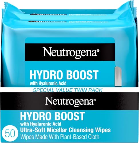 Neutrogena Hydro Boost Ultra-Soft Micellar Cleansing Wipes with Hyaluronic Acid, Hydrating Makeup Remover Wipes Remove Dirt & Waterproof Makeup, Hypoallergenic, Plant-Based Cloth, 2 x 25 ct