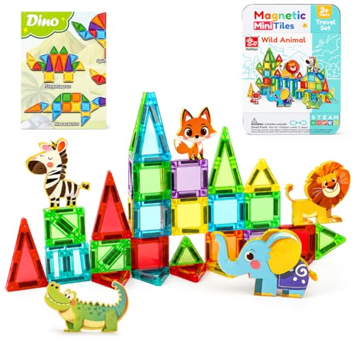 Nevzan 45PCS Mini Magnetic Tiles for Kids Ages 3-8, Travel Magnetic Building Blocks Set with 5 Animal Figures, STEM Toys for Boys Girls, Portable Tin Case, Lion Zebra Fox Elephant Crocodile