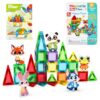 Nevzan 45PCS Mini Magnetic Tiles for Kids Ages 3-8, Travel Magnetic Building Blocks Set with 5 Cartoon Animal Figures, STEM Toys for Boys Girls, Portable Tin Case, Rabbit Panda Frog Fox Wolf