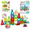 Nevzan 45PCS Mini Magnetic Tiles for Kids Ages 3-8, Travel Magnetic Building Blocks Set with 5 Fairytale Figures, STEM Toys for Girls Boys, Portable Tin Case, Princess Unicorn Magic Castle
