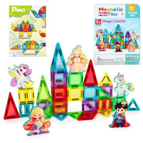 Nevzan 45PCS Mini Magnetic Tiles for Kids Ages 3-8, Travel Magnetic Building Blocks Set with 5 Fairytale Figures, STEM Toys for Girls Boys, Portable Tin Case, Princess Unicorn Magic Castle