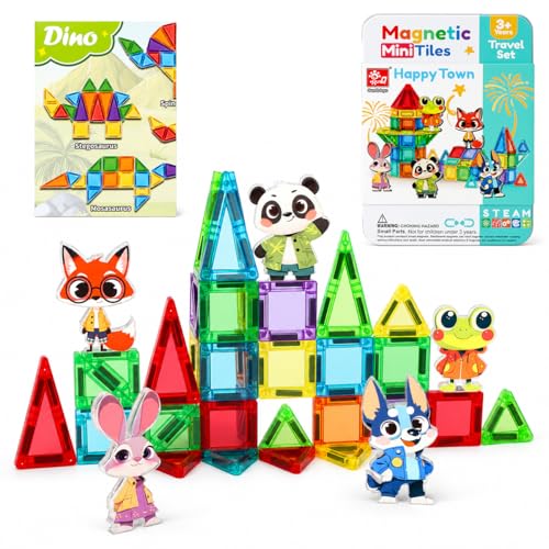 Nevzan 45PCS Mini Magnetic Tiles for Kids Ages 3-8, Travel Magnetic Building Blocks Set with 5 Cartoon Animal Figures, STEM Toys for Boys Girls, Portable Tin Case, Rabbit Panda Frog Fox Wolf