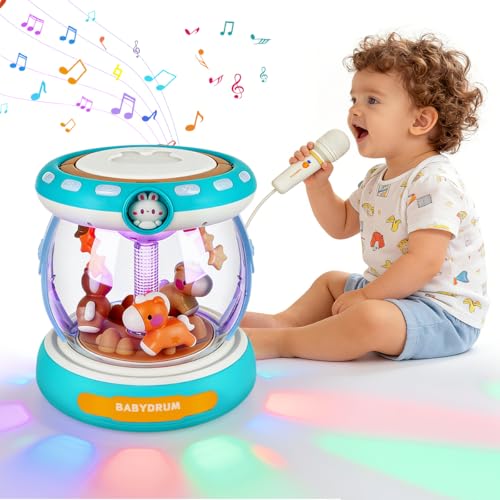 Nevzan Baby Musical Drum Toy for 6-24 Months, Light-Up Carousel with Spinning Animals & Microphone, 4-in-1 Tummy Time Roll Crawl Toy with Music Stories Numbers Nursery Rhymes, Baby Boy Girl Gift