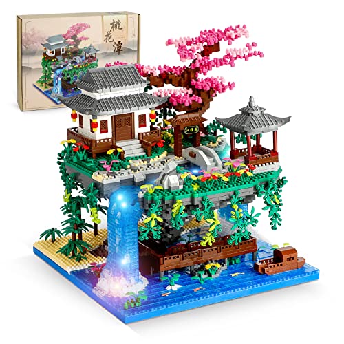 NEWABWN Cherry Blossom Tree Building Set with Lighting, Architecture of Peach Blossom Micro Building Blocks, Japanese Architecture Zen Garden Kit for 14+ Kids Adults (3320 Pieces)