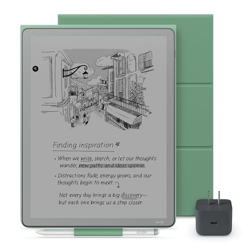 New Amazon Kindle Scribe Essentials Bundle- New Amazon Kindle Scribe Without Front Light (16GB), Premium Pen, Plant-Based Leather Folio Cover-Matcha & Power Adapter