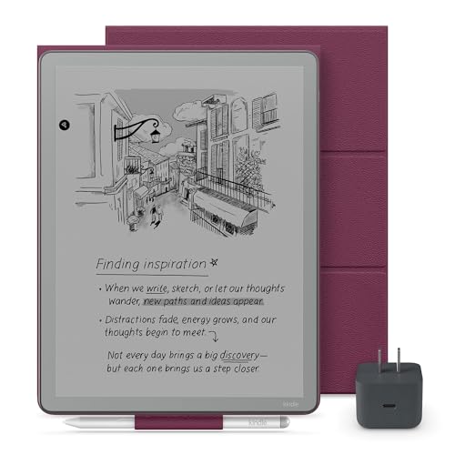 New Amazon Kindle Scribe Essentials Bundle- New Amazon Kindle Scribe Without Front Light (16GB), Premium Pen, Premium Leather Folio Cover-Fig & Power Adapter