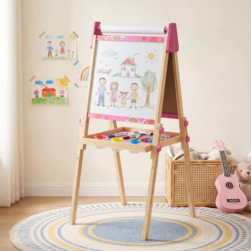 NEWBULIG Kids Easel, Double-Sided Magnetic Chalkboard & Dry Erase Board with Paper Roll, Adjustable Wooden Art Easel for Toddlers 3+, Art Station for Drawing, Painting & Learning, Pink