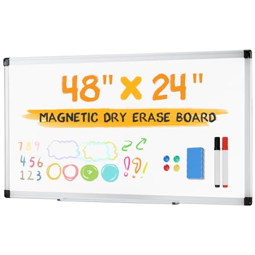NEWBULIG White Board, 48" x 24" Magnetic Dry Erase Board for Wall with 1 Dry Eraser & 2 Multi-Color Markers & 4 Magnetic Pins, Silver Aluminum Frame for Office, Home, School