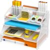 Nextfile 4 Tier Desk Orgnizers and Accessories, Metal Magazine File Holder with Pencil Holder and Handles, Space Saving Desk File Trays for School Office Supplies(White)