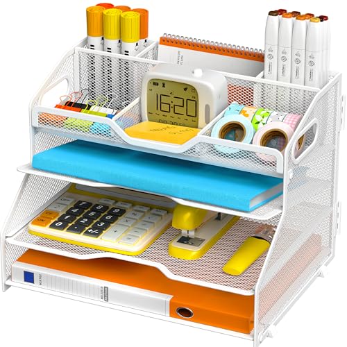Nextfile 4 Tier Desk Orgnizers and Accessories, Metal Magazine File Holder with Pencil Holder and Handles, Space Saving Desk File Trays for School Office Supplies(White)