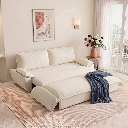 NicBex 73.2" Queen Pull Out Sofa Bed, 3-in-1 Convertible Futon Sleeper Sofa with Pillow Armrest, Modern Velvet Multi-Functional Couch Bed for Small Space, Apartment, Bedroom, Living Room, White