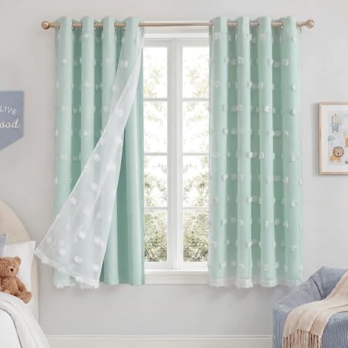 NICETOWN Aqua Pom Pom Curtains for Nursery, Grommet Room Darkening Double Layer Sheer Drapes Thermal Insulated Kids Room Window Treatments for Bedroom, W52 x L63, 2 Panels