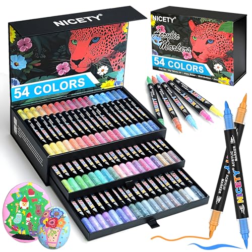 NICETY 54 Colors Acrylic Paint Markers – Dual Tip Acrylic Paint Pens with 1–5mm Brush Tip & 1mm Fine Tip – Water-Based Non-Bleed Paint Markers for Rock, Wood, Glass, Metal, Fabric, Ceramic, Canvas