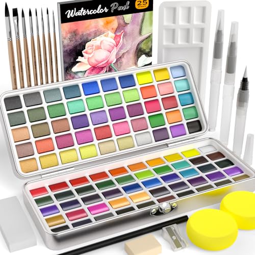 Nicpro 100 Colors Watercolor Paint Set, Metallic Macaron & Fluorescent, 8 Synthetic Squirrel Brushes, 25 Watercolor Paper, Palette, Art Supplies Kit for Artist Adult Beginner with Gift Box