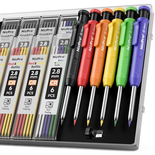 Nicpro 12 Pack Carpenter Pencil with Sharpener, Mechanical Pencils Set with 52 Refills, Deep Hole Marker for Construction, Heavy Duty Woodworking Tools for Architect (Red, Black, Yellow, Blue, Orange)