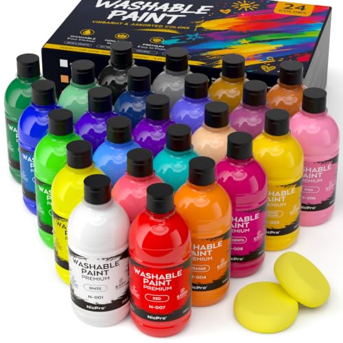 Nicpro 24 Colors Large Washable Paint Set for Kid (8.45oz), Acrylic Bulk Paint Supplies Non Toxic Tempera Paint for Art, Craft DIY, Poster & Finger Paint, School, Home, Teacher Classroom Must Haves