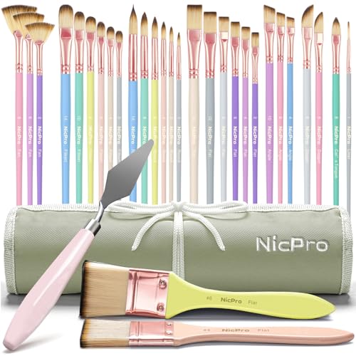 Nicpro 30pcs Paint Brush Set, Aesthetic Pastel Paintbrushes with Paint Spatula and Cloth Roll, Craft Paint Brushes for Acrylic Painting Oil Watercolor Gouache, Art Supplies for Women Artists Beginners
