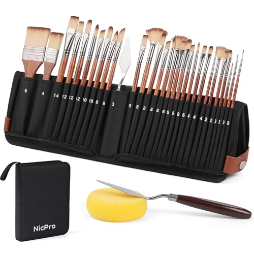 Nicpro 30 Pieces Paint Brush Set - Professional Synthetic No Shedding Paintbrushes for Acrylic, Oil, Watercolor, Gouache, Artist Gifts Painting Supplies | Includes Self-Standing Case & Palette Knife
