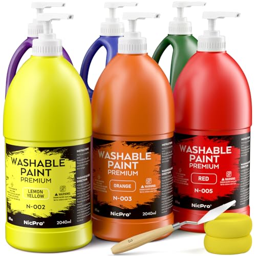 Nicpro 6 Colors Large Washable Paint Set (69 oz, 2040ml), Acrylic Bulk Paint Supplies Non Toxic Children Tempera Paint for Art, Craft DIY, Poster & Finger Paint, School, Home,Classroom