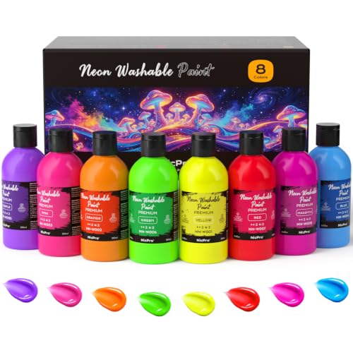 Nicpro 8 Colors Fluorescent Washable Paint Set for Kids (8.45 oz), Glow in the Black Light, Non Toxic Neon Tempera Paints for Art, Craft DIY, Poster & Finger Paint, School, Home, Classroom, Party